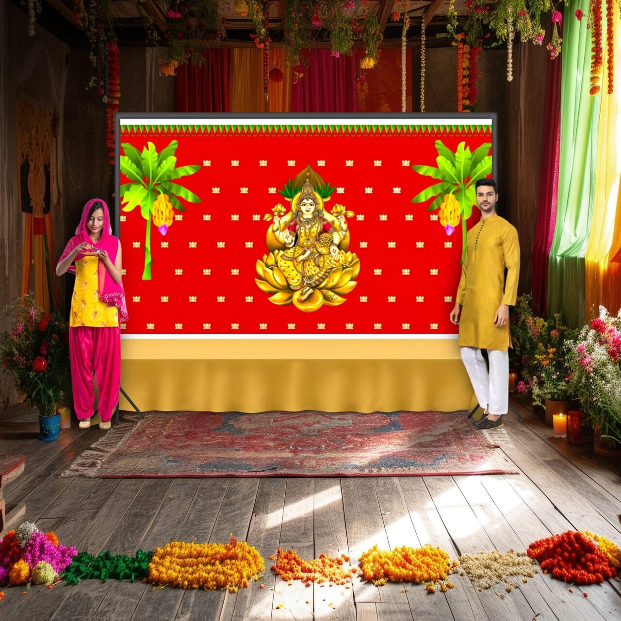 Goddess Laxmi Backdrop 5x8 Feet Indian Traditional Cloth Varalaxmi Vratam Decor Indian Diwali Decor Pooja Wall Decor Indian Wall Art Photo Decor Banner Decorative Cloth Navratri Decor